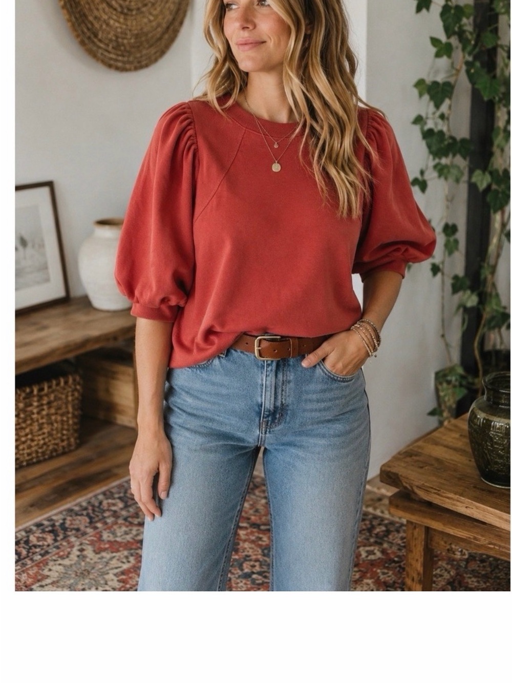 Maeve Rust Puff Sleeve Sweatshirt
